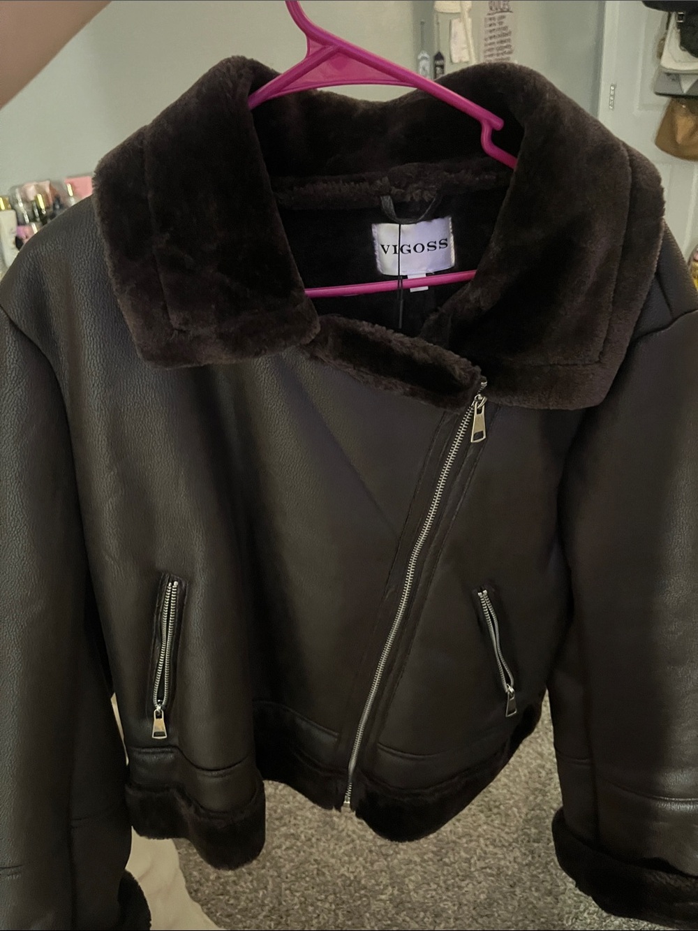 Vigoss Dark Brown Faux Shearling Moto Jacket